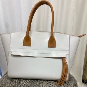 BCBG structured handbag, white and camel leather
